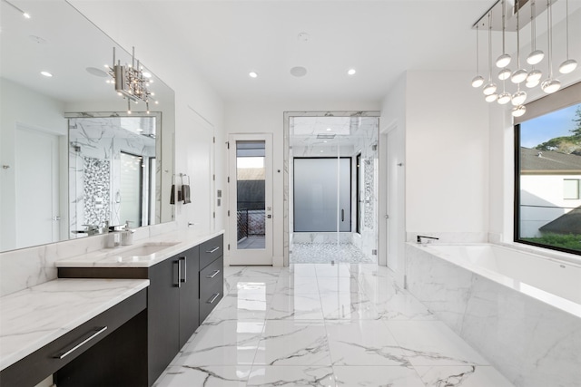 2703 Westgrove Ln, Houston, TX 77027 - full bath featuring a garden tub, vanity, a marble finish shower, and recessed lighting
