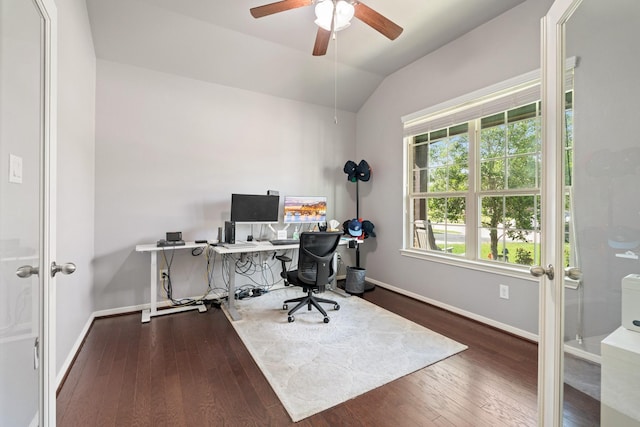 3639 Daintree Park Dr, Katy, TX 77494 - home office featuring wood-type flooring, a ceiling fan, baseboards, and vaulted ceiling