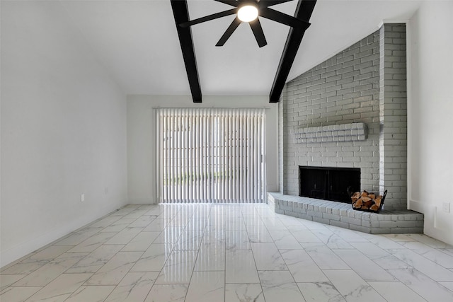 7810 Blackjack Ct, Houston, TX 77088 - unfurnished living room with a fireplace, marble finish floor, lofted ceiling with beams, and a ceiling fan