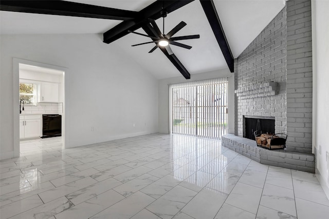 7810 Blackjack Ct, Houston, TX 77088 - unfurnished living room featuring high vaulted ceiling, beamed ceiling, a ceiling fan, marble finish floor, and a fireplace