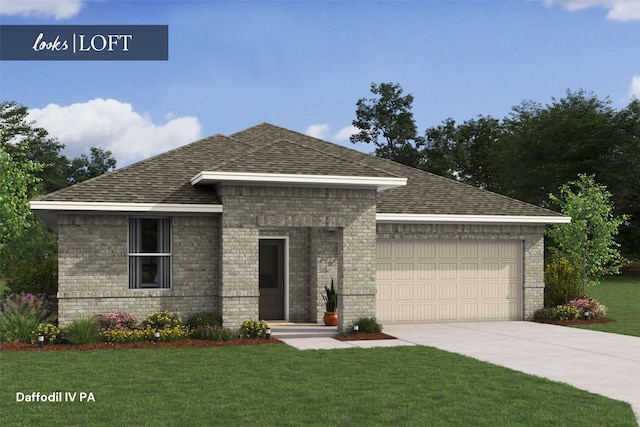 view of front of property with concrete driveway, an attached garage, a front yard, brick siding, and roof with shingles