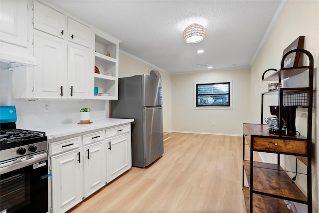 kitchen with stainless steel appliances, under cabinet range hood, ornamental molding, open shelves, and light wood-style floors
