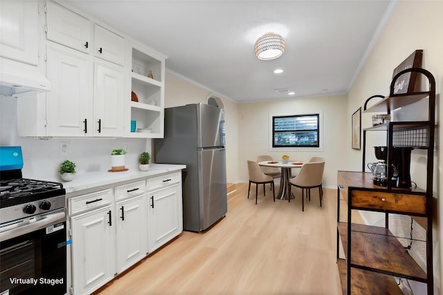 kitchen with stainless steel appliances, under cabinet range hood, ornamental molding, light wood finished floors, and open shelves