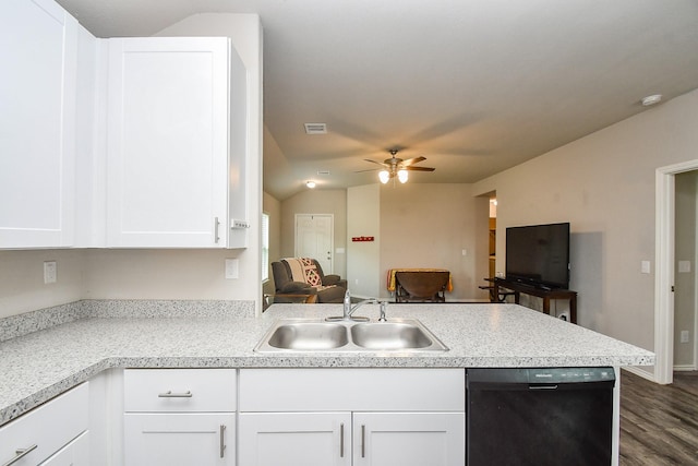 kitchen with dishwasher, visible vents, a sink, a peninsula, and open floor plan