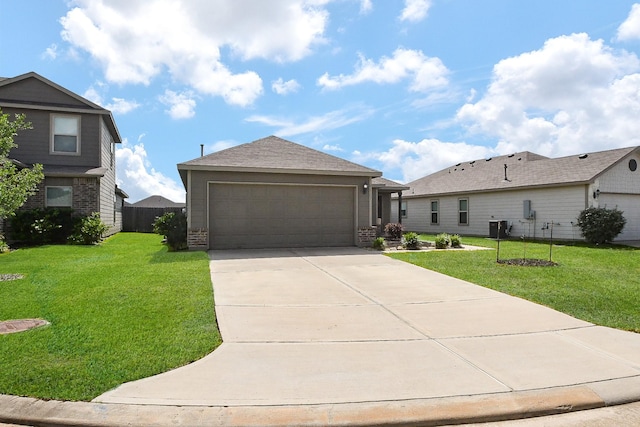 ranch-style house with a garage, central AC, a front yard, and concrete driveway