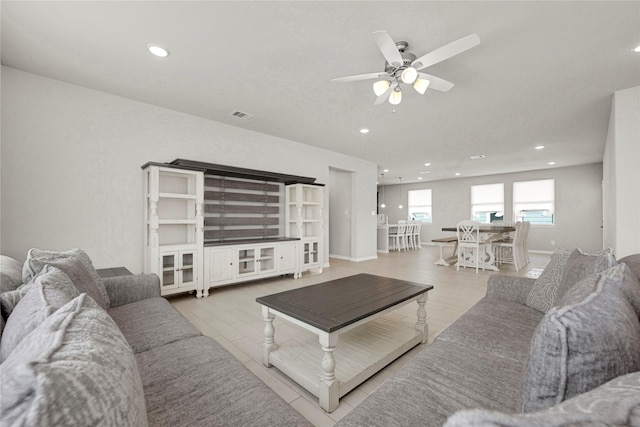 269 Bay Oaks Dr, La Porte, TX 77571 - living area with ceiling fan, wood finished floors, visible vents, and recessed lighting