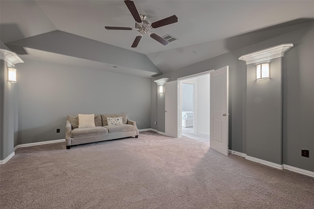 interior space with lofted ceiling, visible vents, carpet flooring, and ceiling fan