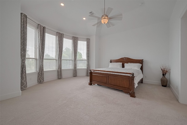 bedroom with light carpet, visible vents, baseboards, recessed lighting, and ceiling fan