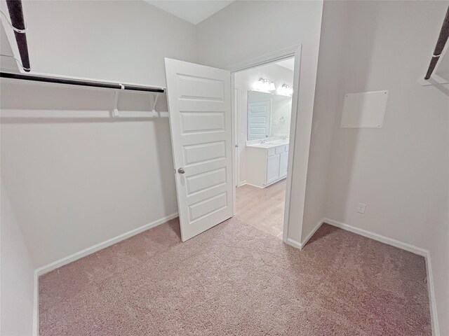 spacious closet featuring light colored carpet