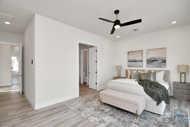 bedroom with light wood-type flooring, baseboards, recessed lighting, and ceiling fan