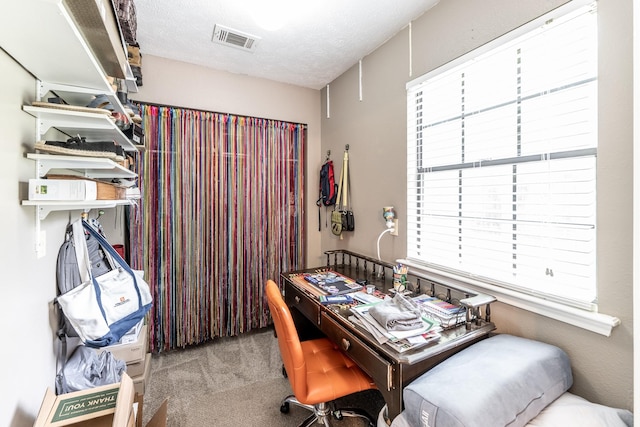 office area featuring visible vents and carpet flooring