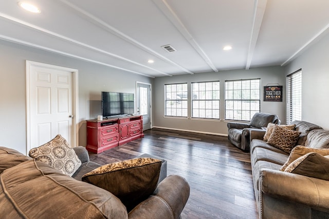 living room featuring visible vents, beamed ceiling, baseboards, recessed lighting, and dark wood finished floors