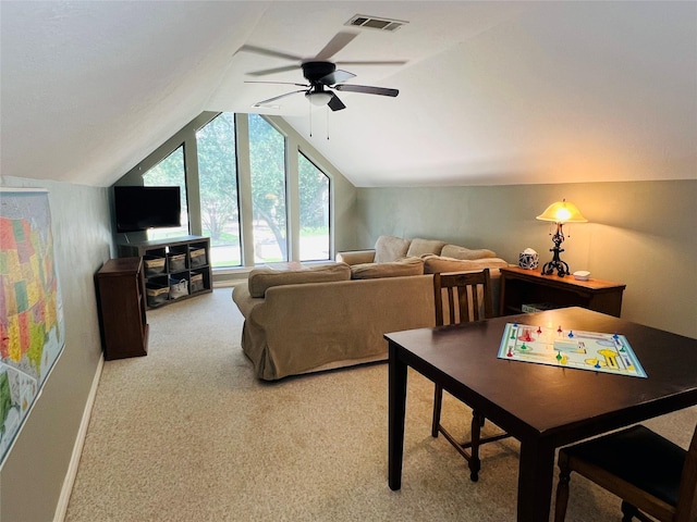 12708 Pelican Blvd, Willis, TX 77318 - living area with a ceiling fan, light carpet, and vaulted ceiling