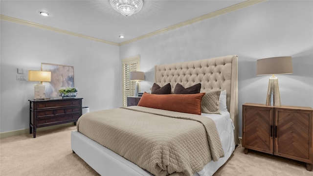 bedroom featuring baseboards, recessed lighting, ornamental molding, and carpet floors