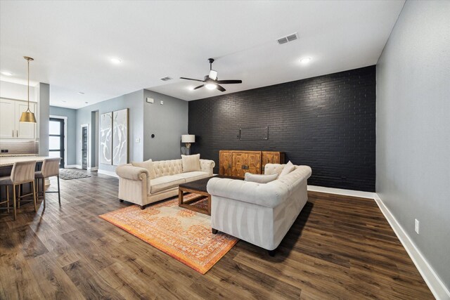 15807 Celebration Ln, Cypress, TX 77433 - living room with dark wood finished floors, baseboards, a ceiling fan, and recessed lighting