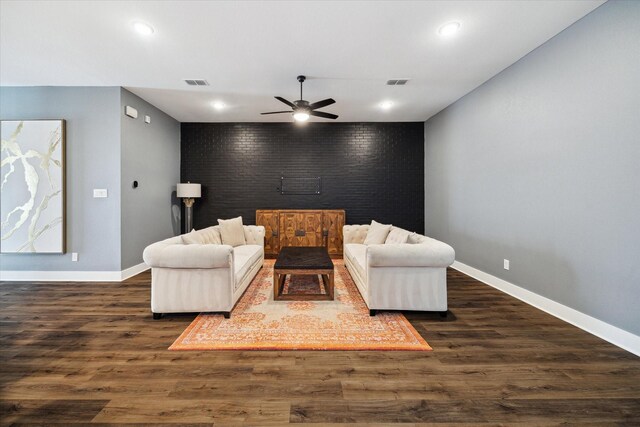 15807 Celebration Ln, Cypress, TX 77433 - living room with baseboards, a ceiling fan, dark wood-style floors, and recessed lighting