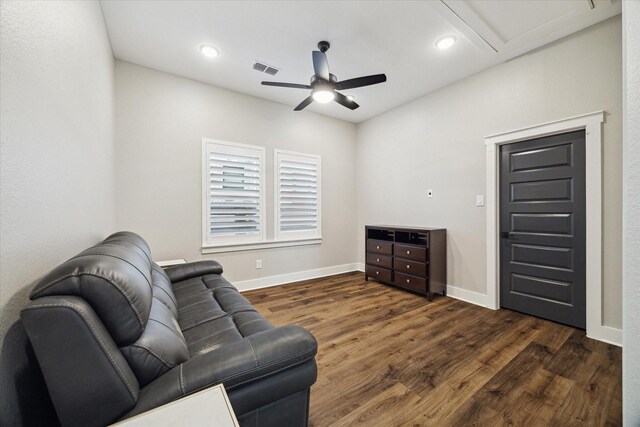 15807 Celebration Ln, Cypress, TX 77433 - living area featuring a ceiling fan, dark wood-style flooring, recessed lighting, and baseboards