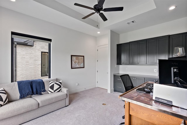 office with a ceiling fan, light carpet, baseboards, visible vents, and recessed lighting