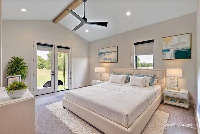 carpeted bedroom featuring lofted ceiling with beams, french doors, access to outside, and multiple windows