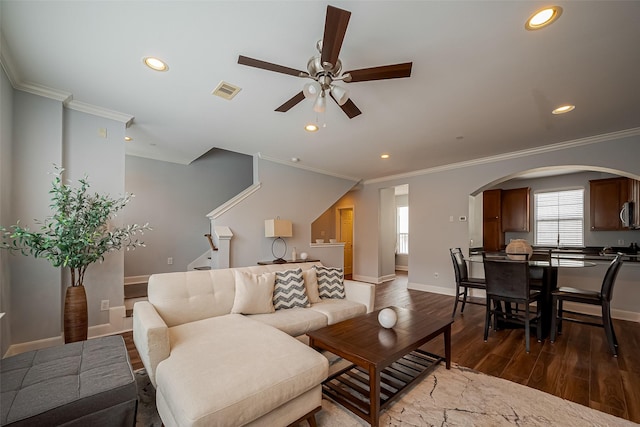 3001 Murworth Dr Unit 902, Houston, TX 77025 - living area featuring ceiling fan, ornamental molding, dark wood-type flooring, healthy amount of natural light, and recessed lighting