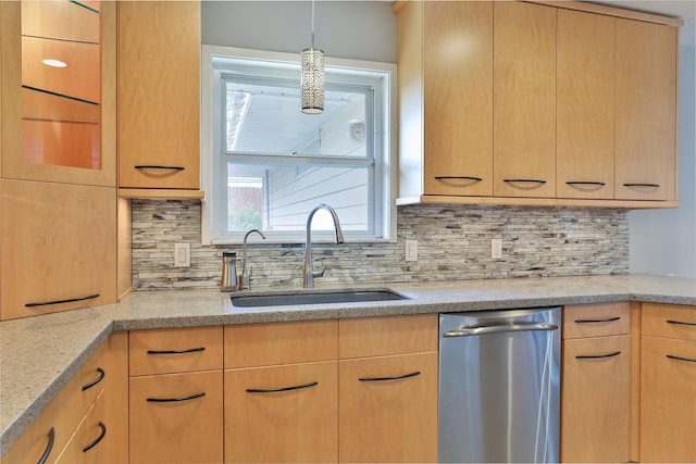 2427 Willowby Dr, Houston, TX 77008 - kitchen featuring dishwasher, light brown cabinets, tasteful backsplash, and a sink