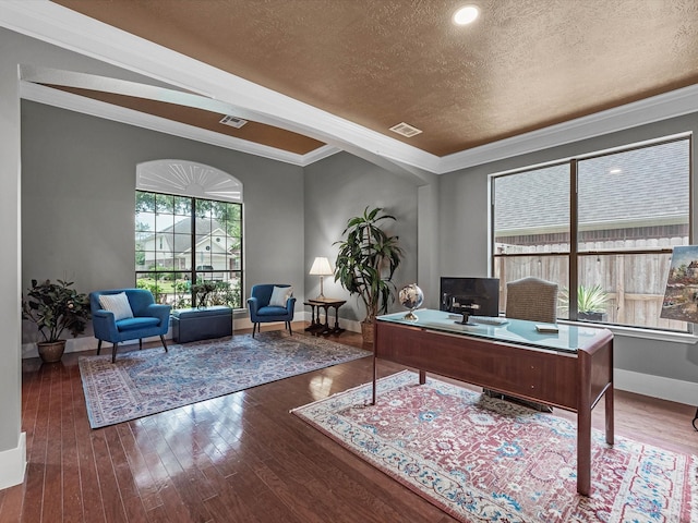 5410 Bur Oak Dr, Pasadena, TX 77505 - home office featuring hardwood / wood-style floors, a textured ceiling, and crown molding