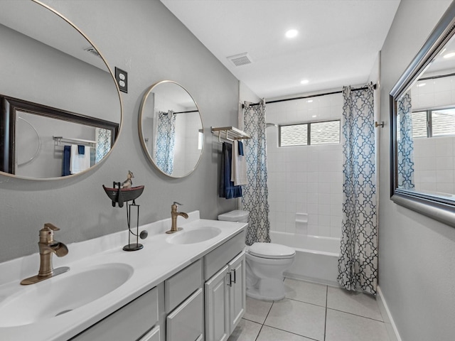 5410 Bur Oak Dr, Pasadena, TX 77505 - full bathroom with shower / bath combo with shower curtain, tile patterned floors, double vanity, and recessed lighting