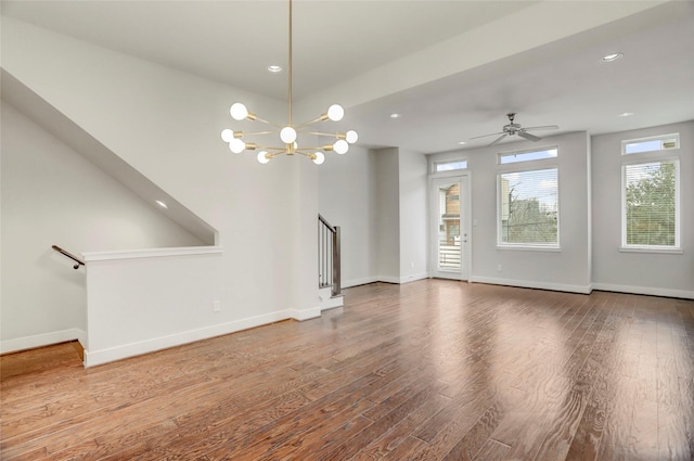 4513 Cornish St, Houston, TX 77007 - unfurnished living room featuring wood finished floors, stairs, baseboards, recessed lighting, and ceiling fan