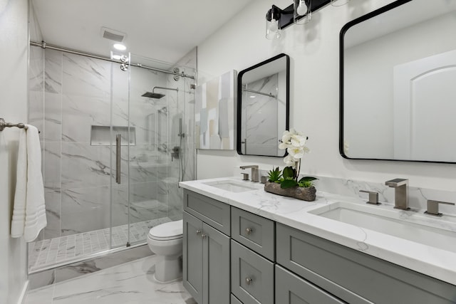 bathroom with a marble finish shower, a sink, toilet, visible vents, and marble finish floor