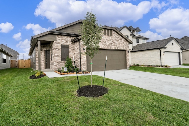 french provincial home with a garage, fence, a front yard, brick siding, and driveway