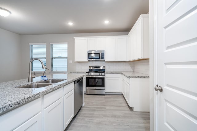 kitchen with a sink, decorative backsplash, white cabinets, and stainless steel appliances