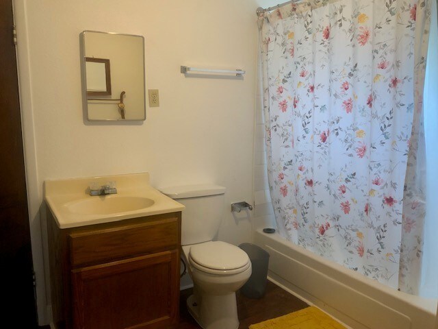 bathroom with shower / bath combo with shower curtain, toilet, and vanity