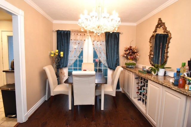 6413 Ella Lee Ln, Houston, TX 77057 - dining space featuring baseboards, a notable chandelier, ornamental molding, and dark wood-style flooring