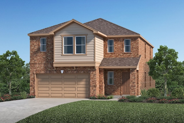 traditional home with roof with shingles, concrete driveway, an attached garage, brick siding, and a front yard