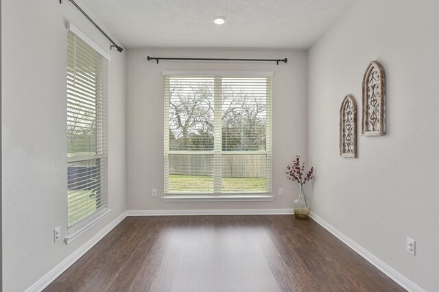 unfurnished room featuring plenty of natural light, baseboards, and wood finished floors