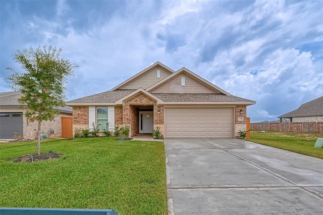 ranch-style home featuring a front lawn, roof with shingles, an attached garage, driveway, and brick siding