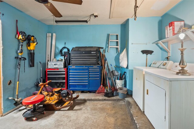clothes washing area with attic access, independent washer and dryer, ceiling fan, and laundry area