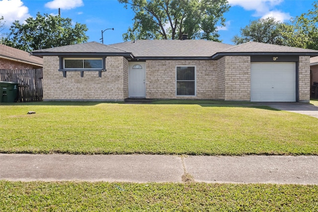 single story home with a front lawn, fence, roof with shingles, and a garage