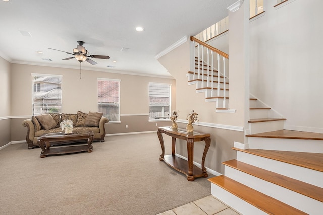 15242 Shapiro Springs Ln, Houston, TX 77095 - living area with ornamental molding, stairs, baseboards, ceiling fan, and recessed lighting