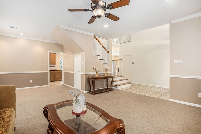 15242 Shapiro Springs Ln, Houston, TX 77095 - living room featuring light colored carpet, a ceiling fan, stairs, crown molding, and recessed lighting
