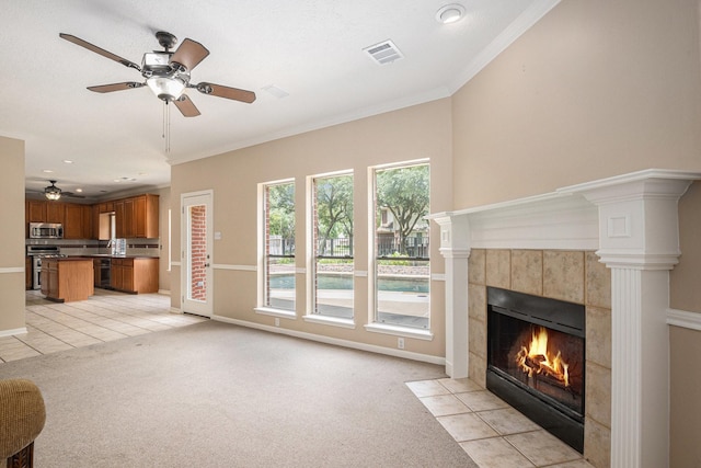 15242 Shapiro Springs Ln, Houston, TX 77095 - unfurnished living room with ceiling fan, a fireplace, baseboards, light colored carpet, and recessed lighting