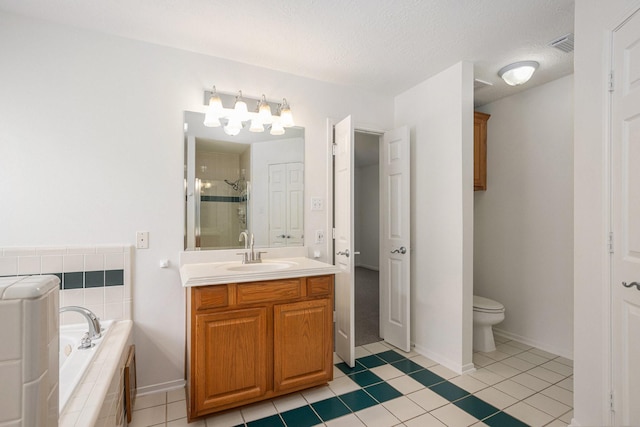 15242 Shapiro Springs Ln, Houston, TX 77095 - bathroom featuring a shower stall, tile patterned flooring, vanity, a garden tub, and toilet