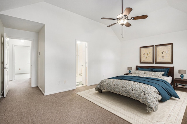 15242 Shapiro Springs Ln, Houston, TX 77095 - bedroom with light colored carpet, baseboards, ensuite bathroom, high vaulted ceiling, and a ceiling fan