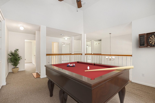 15242 Shapiro Springs Ln, Houston, TX 77095 - game room featuring carpet floors, a chandelier, a ceiling fan, baseboards, and billiards table