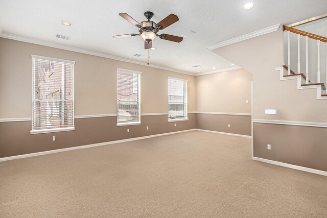 15242 Shapiro Springs Ln, Houston, TX 77095 - carpeted empty room featuring ceiling fan, stairway, crown molding, baseboards, and recessed lighting