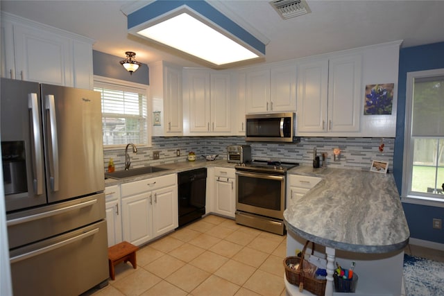 kitchen with a sink, appliances with stainless steel finishes, a healthy amount of sunlight, and visible vents