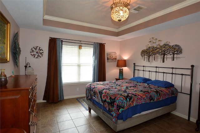 bedroom featuring crown molding, visible vents, baseboards, a notable chandelier, and tile patterned flooring