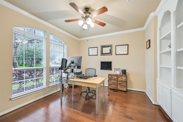 2513 Garnetfield Ln, Friendswood, TX 77546 - office featuring ornamental molding, a ceiling fan, wood finished floors, and baseboards
