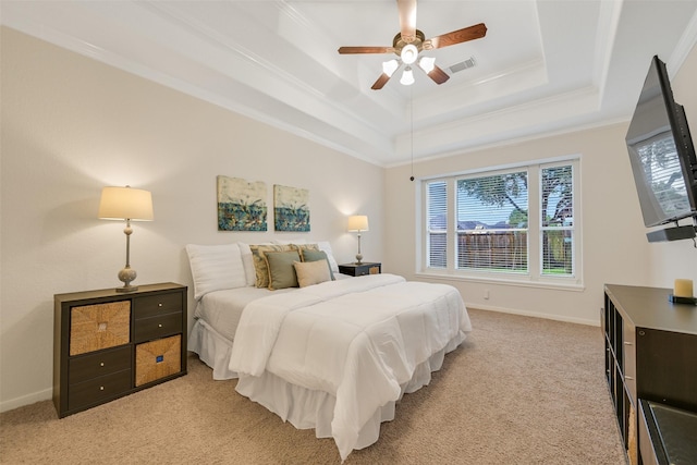 2513 Garnetfield Ln, Friendswood, TX 77546 - bedroom featuring light carpet, a raised ceiling, ornamental molding, baseboards, and ceiling fan