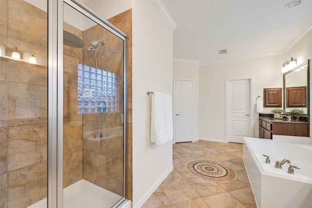 2513 Garnetfield Ln, Friendswood, TX 77546 - bathroom with ornamental molding, baseboards, a stall shower, a garden tub, and vanity